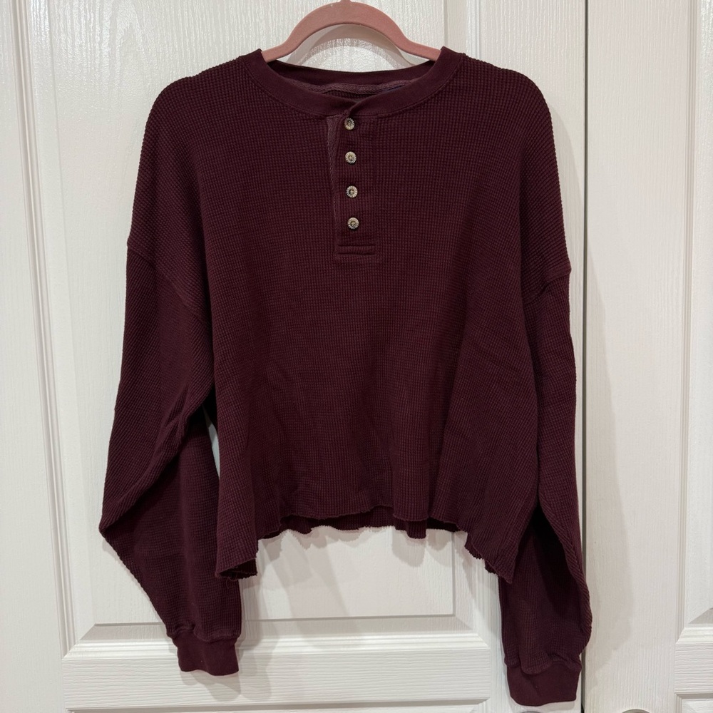 Coleman Oversized Maroon Cropped Henley Long Sleeve